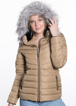WOMEN'S PUFFER JACKET WITH DETACHABLE FAUX FUR HOOD, VEGAN LAETHER PIPING AND SIDE GATHERING