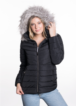 WOMEN'S PUFFER JACKET WITH DETACHABLE FAUX FUR HOOD, VEGAN LEATHER PIPING AND SIDE GATHERING