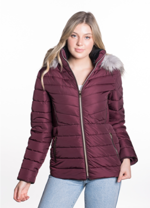 WOMEN'S PUFFER JACKET WITH DETACHABLE FAUX FUR HOOD, VEGAN LEATHER PIPING AND SIDE GATHERING