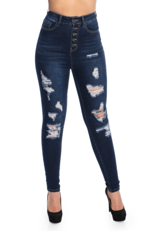 Ladies High Waist Stretchable Ripped Skinny Jeans With Button Fly